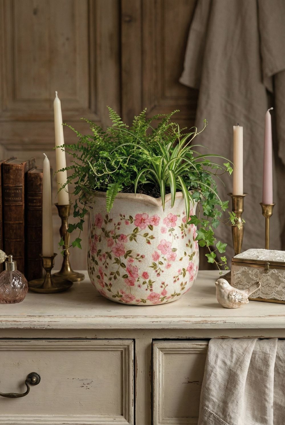 Cache-pot Liberty fleuri blanc à motifs roses, cache-pot décoratif shabby chic romantique pour intérieur de charme