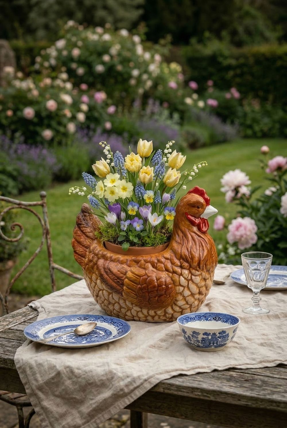 Cache-pot en porcelaine en forme de poule rousse marron et beige avec crête rouge, style décoration campagne shabby chic, ambiance chaleureuse
