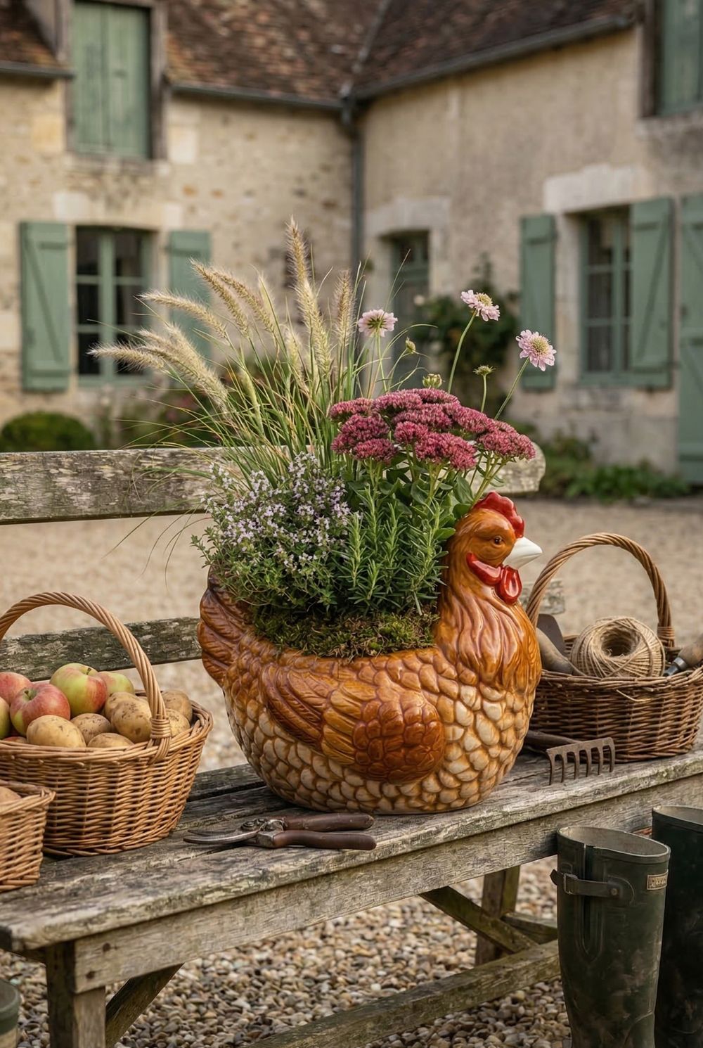 Cache-pot en porcelaine en forme de poule rousse marron et beige avec crête rouge, style décoration campagne shabby chic, ambiance chaleureuse