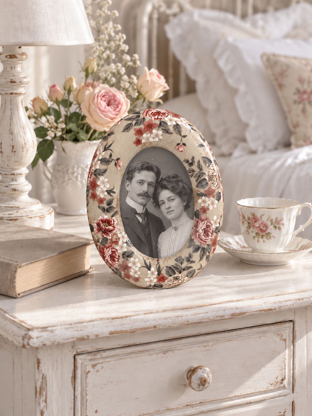 Cadre photo fleuri avec un portrait de couple de style ancien, posé sur un chevet blanc près d’une tasse.