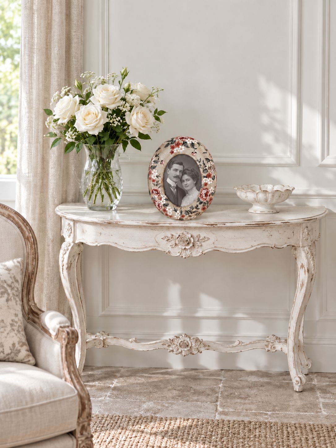 Petit cadre photo fleuri avec un portrait de style ancien, sur une console blanche accompagnée de roses.