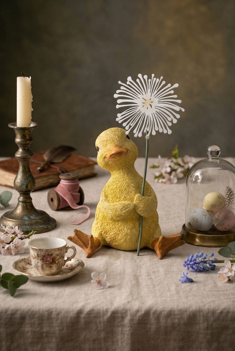 Caneton décoratif jaune tenant une fleur blanche, figurine au charme printanier dans un univers romantique, shabby chic et poétique, idéale pour une décoration de charme douce et féérique