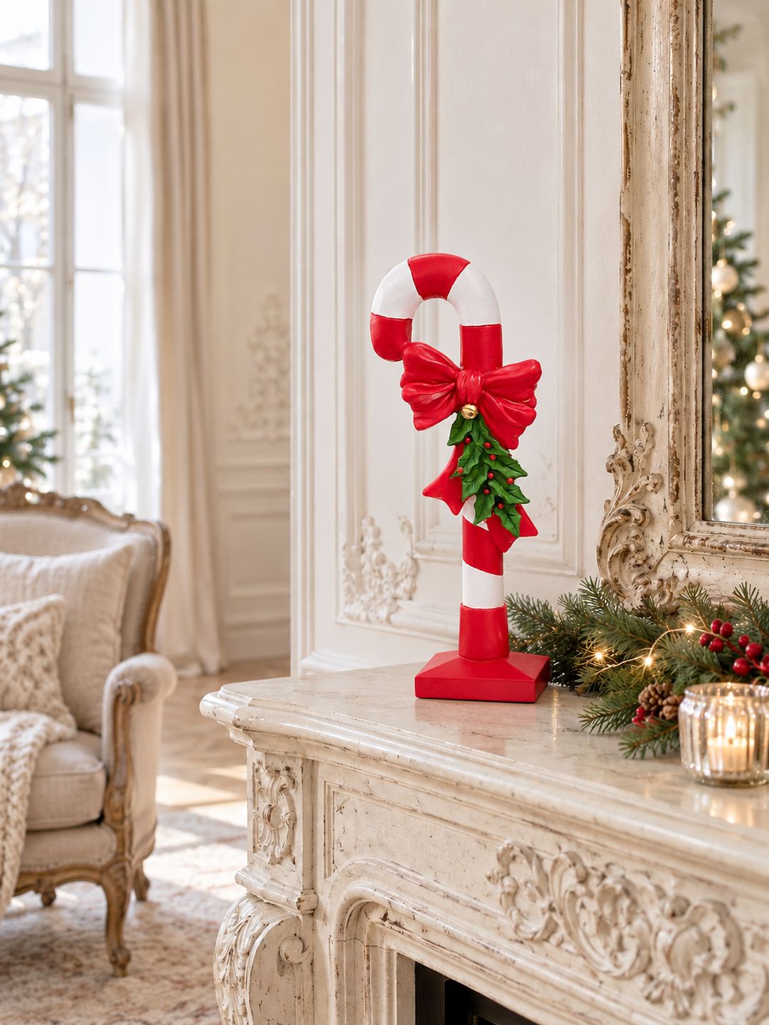 Canne à sucre décorative sur une cheminée ancienne patinée, dans un salon lumineux décoré pour Noël.