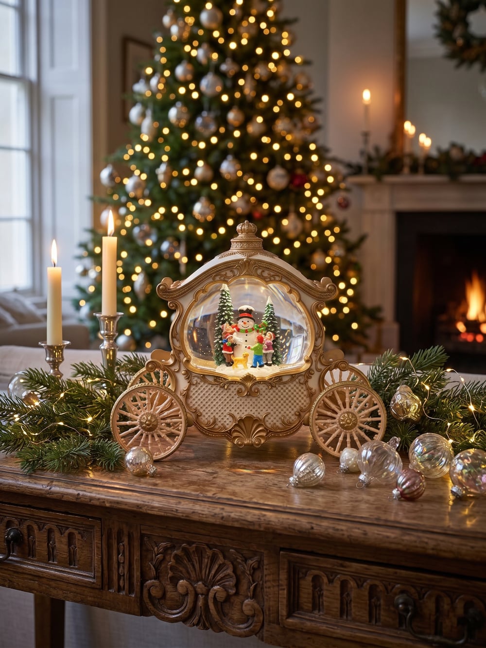 Carrosse décoratif lumineux et musical style conte de fées, boule à neige de Noël avec scène hivernale, bonhomme de neige et enfants sous les flocons, décoration féérique ivoire et or