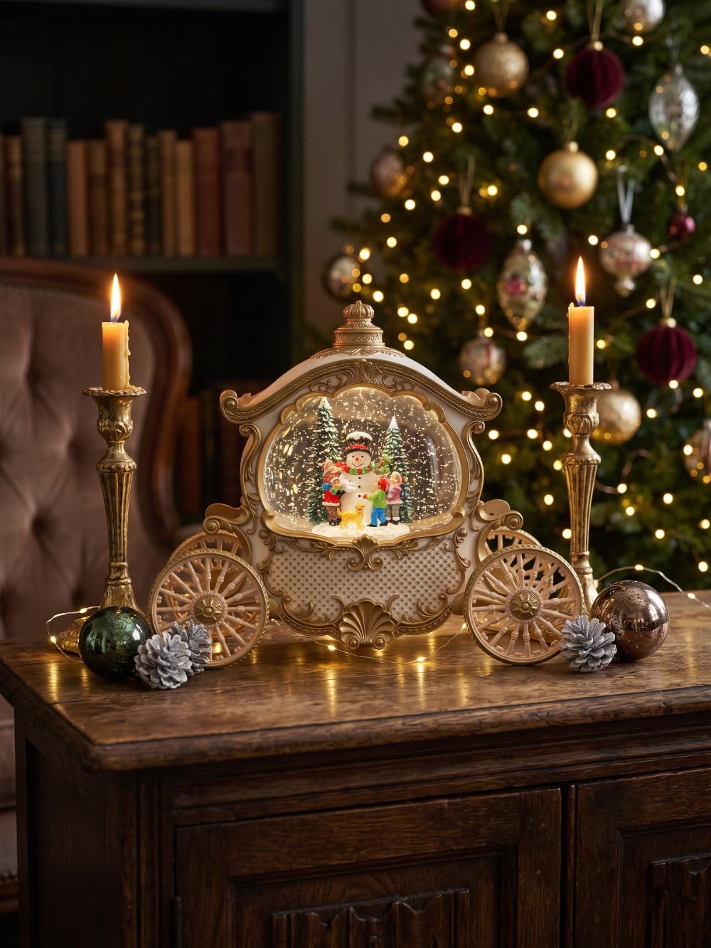 Carrosse décoratif lumineux et musical style conte de fées, boule à neige de Noël avec scène hivernale, bonhomme de neige et enfants sous les flocons, décoration féérique ivoire et or