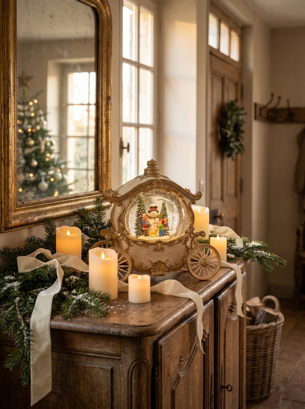 Carrosse décoratif lumineux et musical style conte de fées, boule à neige de Noël avec scène hivernale, bonhomme de neige et enfants sous les flocons, décoration féérique ivoire et or