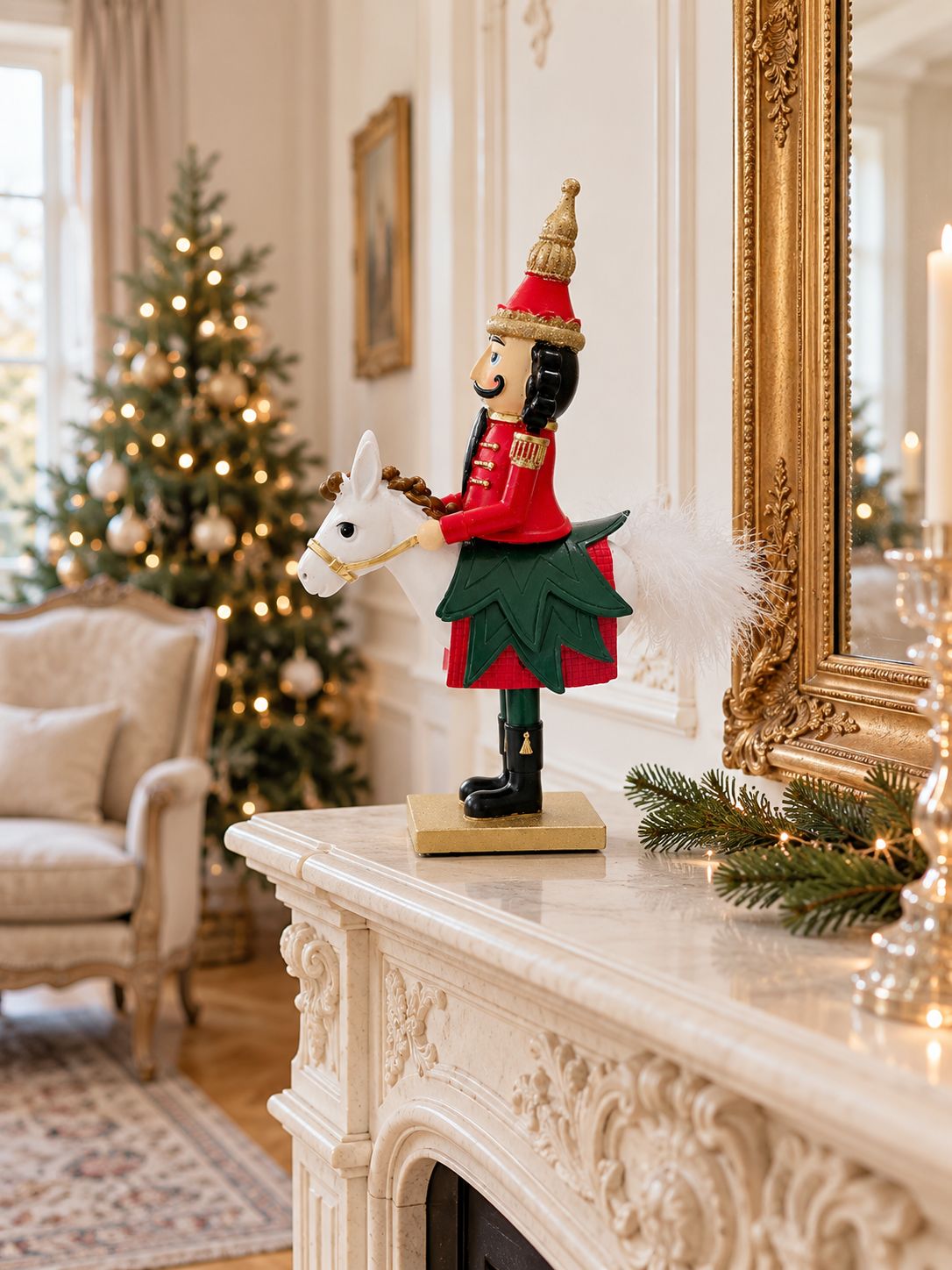 Casse-Noisette Cavalier Royal sur une cheminée crème dans un salon lumineux, avec un sapin de Noël en arrière-plan.