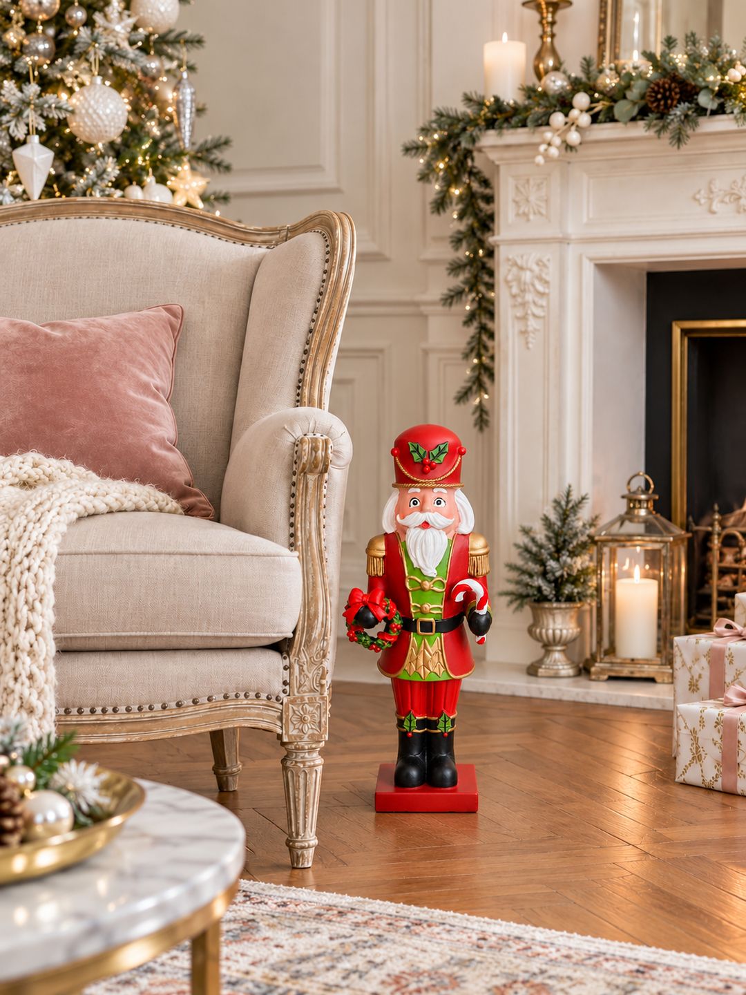 Casse-noisette Royal XXL de 50 cm posé près d’un fauteuil ancien, dans un salon décoré pour Noël.