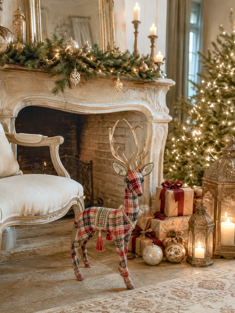 Cerf décoratif de Noël en tartan rouge et beige avec grands bois dorés et ornements raffinés, hauteur 60 cm