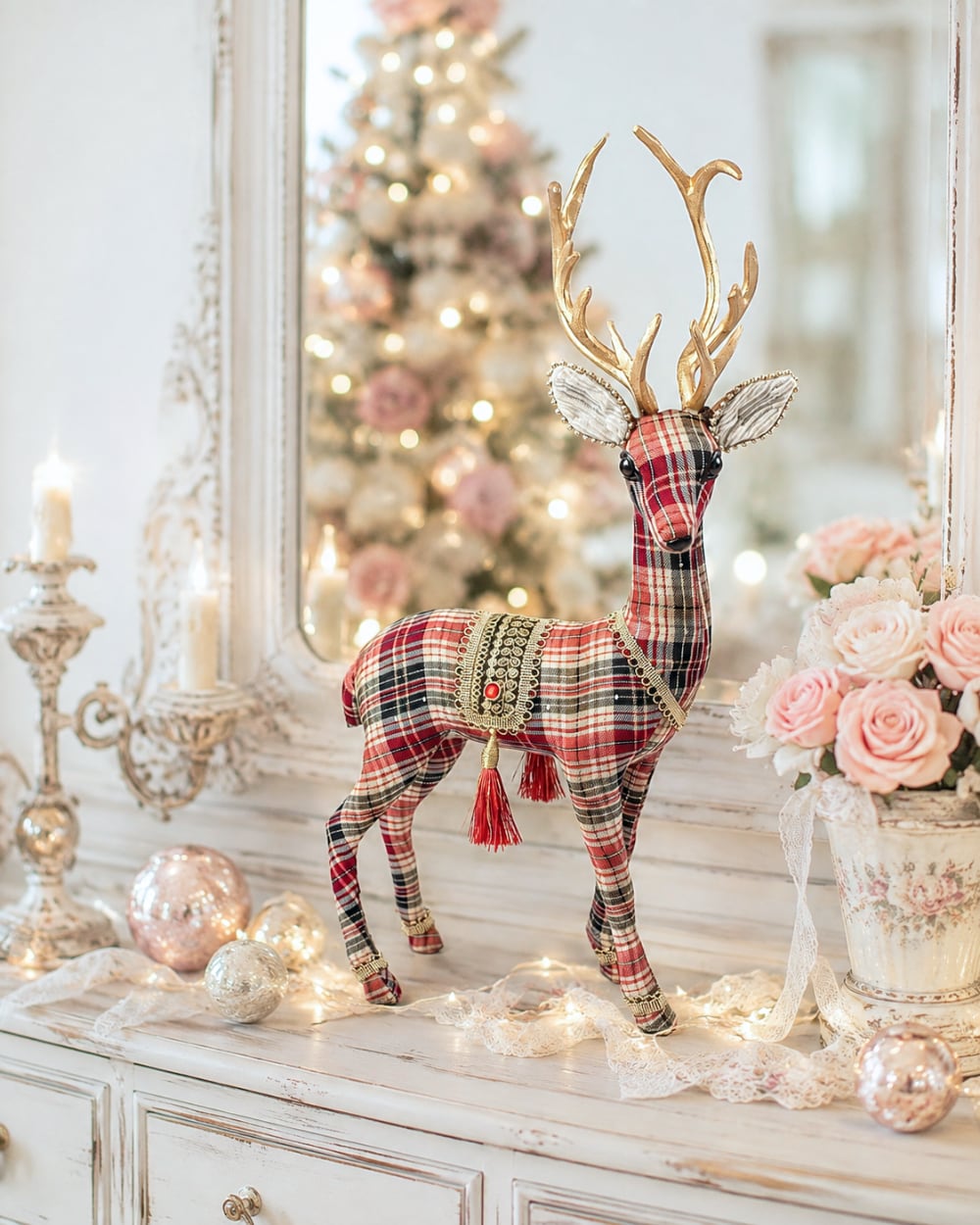 Cerf décoratif de Noël en tartan rouge et beige avec grands bois dorés et ornements raffinés, hauteur 60 cm