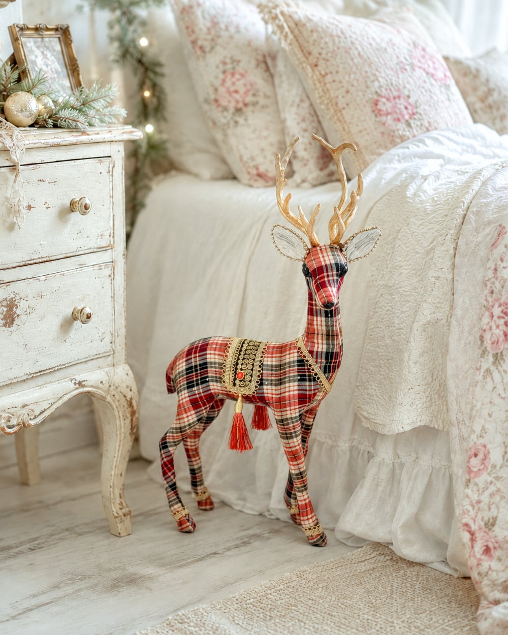 Cerf décoratif de Noël en tartan rouge et beige avec grands bois dorés et ornements raffinés, hauteur 60 cm