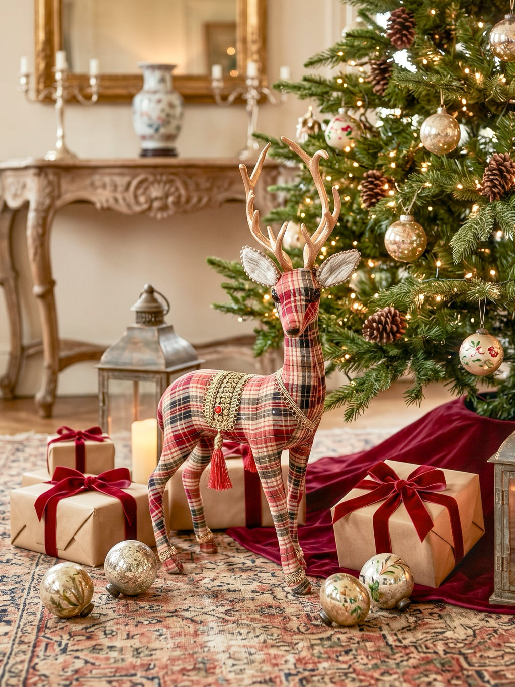 Cerf décoratif de Noël en tartan rouge et beige avec grands bois dorés et ornements raffinés, hauteur 60 cm