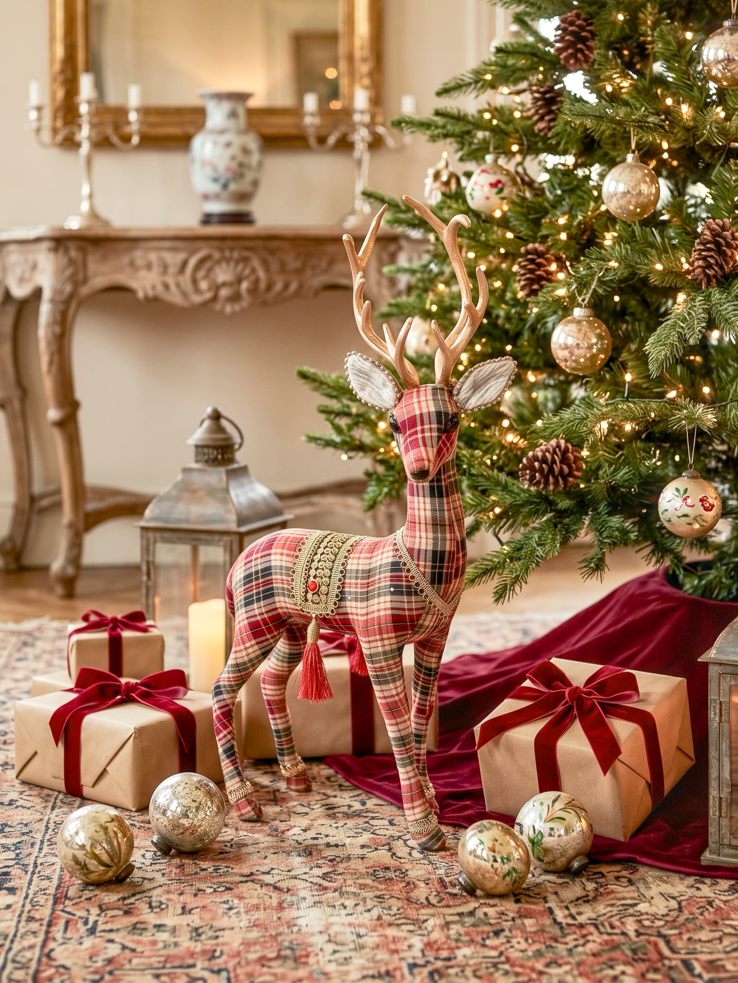 Cerf décoratif de Noël en tartan rouge et beige avec grands bois dorés et ornements raffinés, hauteur 60 cm