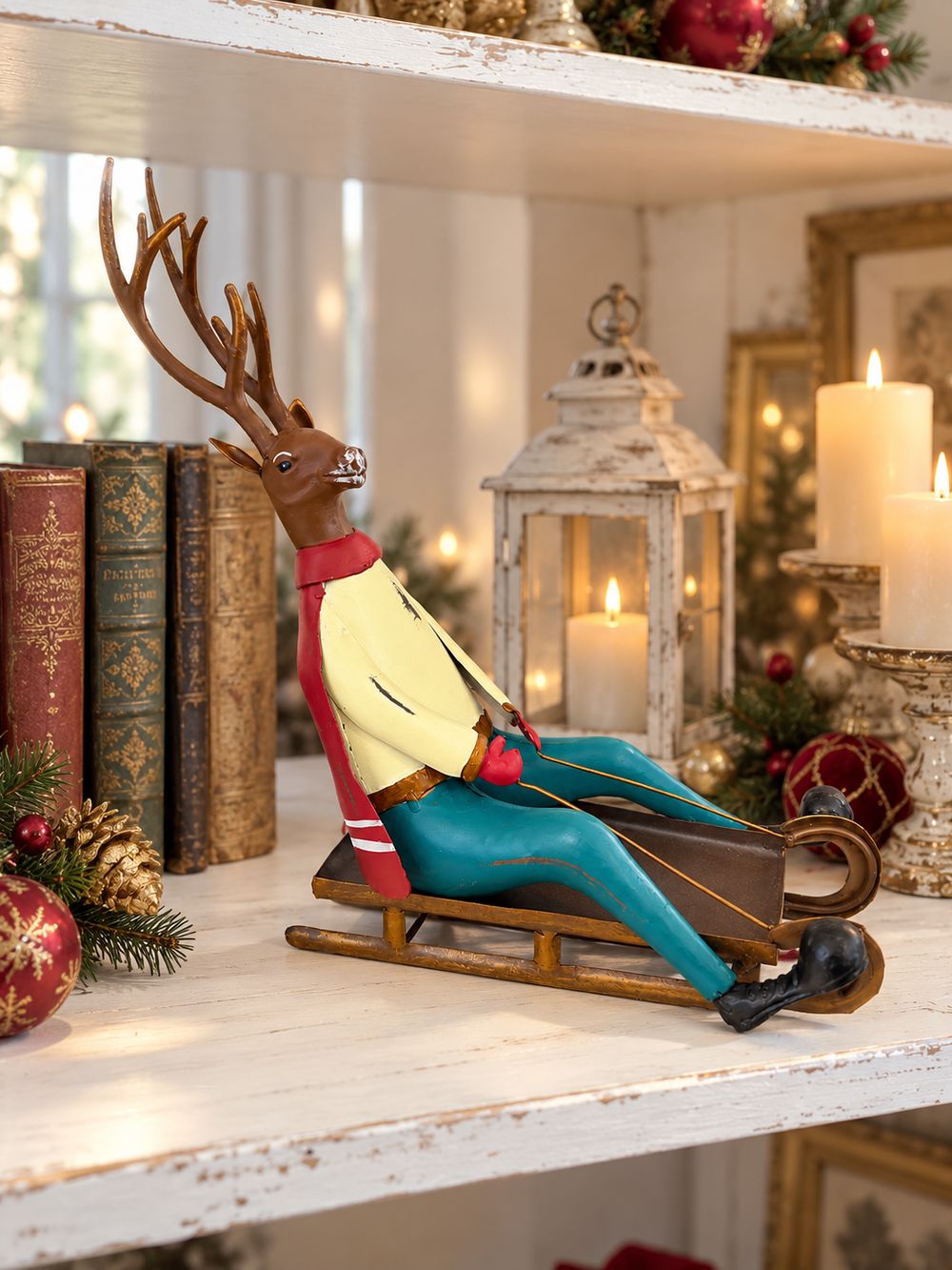 Cerf décoratif assis sur une luge, aux tons marron, rouge, jaune et bleu turquoise, style vintage et fantaisiste pour une décoration de Noël.