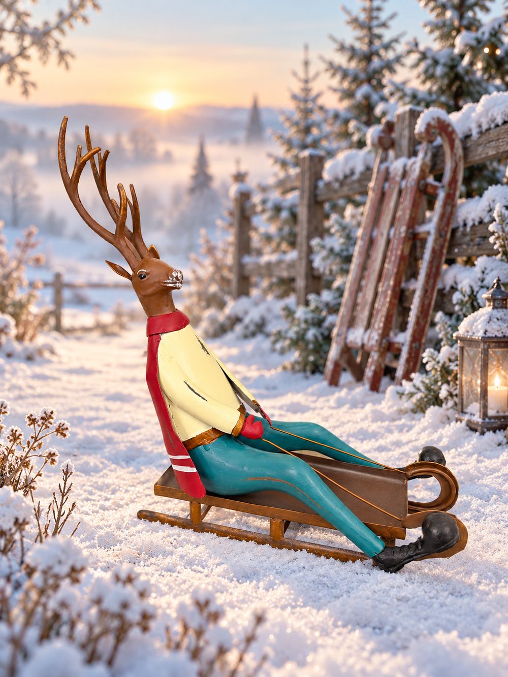 Cerf décoratif assis sur une luge, aux tons marron, rouge, jaune et bleu turquoise, style vintage et fantaisiste pour une décoration de Noël.