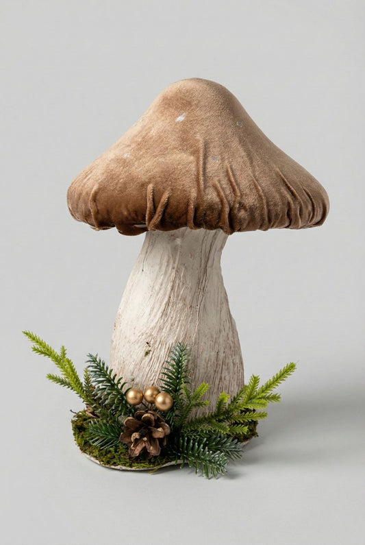 Champignon décoratif en feutrine aux tons naturels, accessoire de décoration poétique et féérique, idéal pour une ambiance campagne chic et automnale