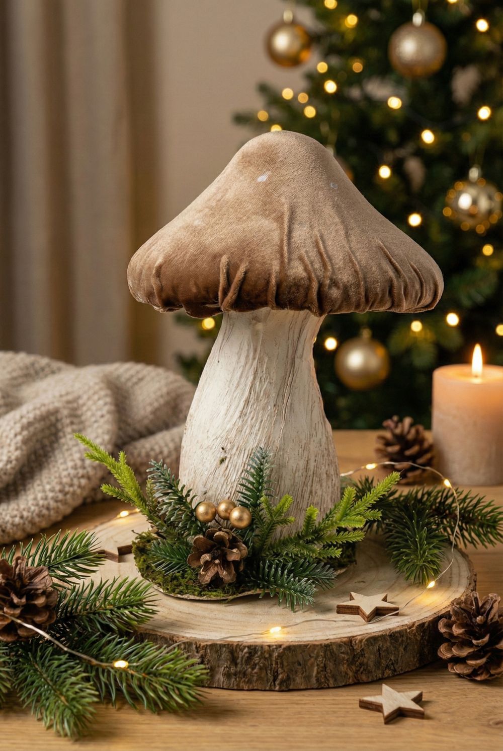 Champignon décoratif en feutrine aux tons naturels, accessoire de décoration poétique et féérique, idéal pour une ambiance campagne chic et automnale