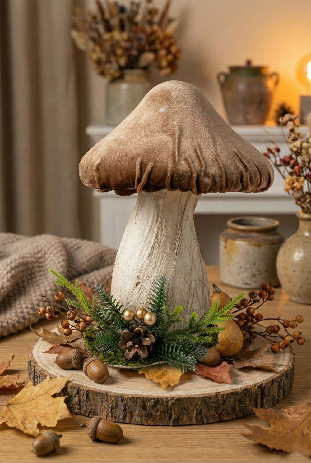 Champignon décoratif en feutrine aux tons naturels, accessoire de décoration poétique et féérique, idéal pour une ambiance campagne chic et automnale