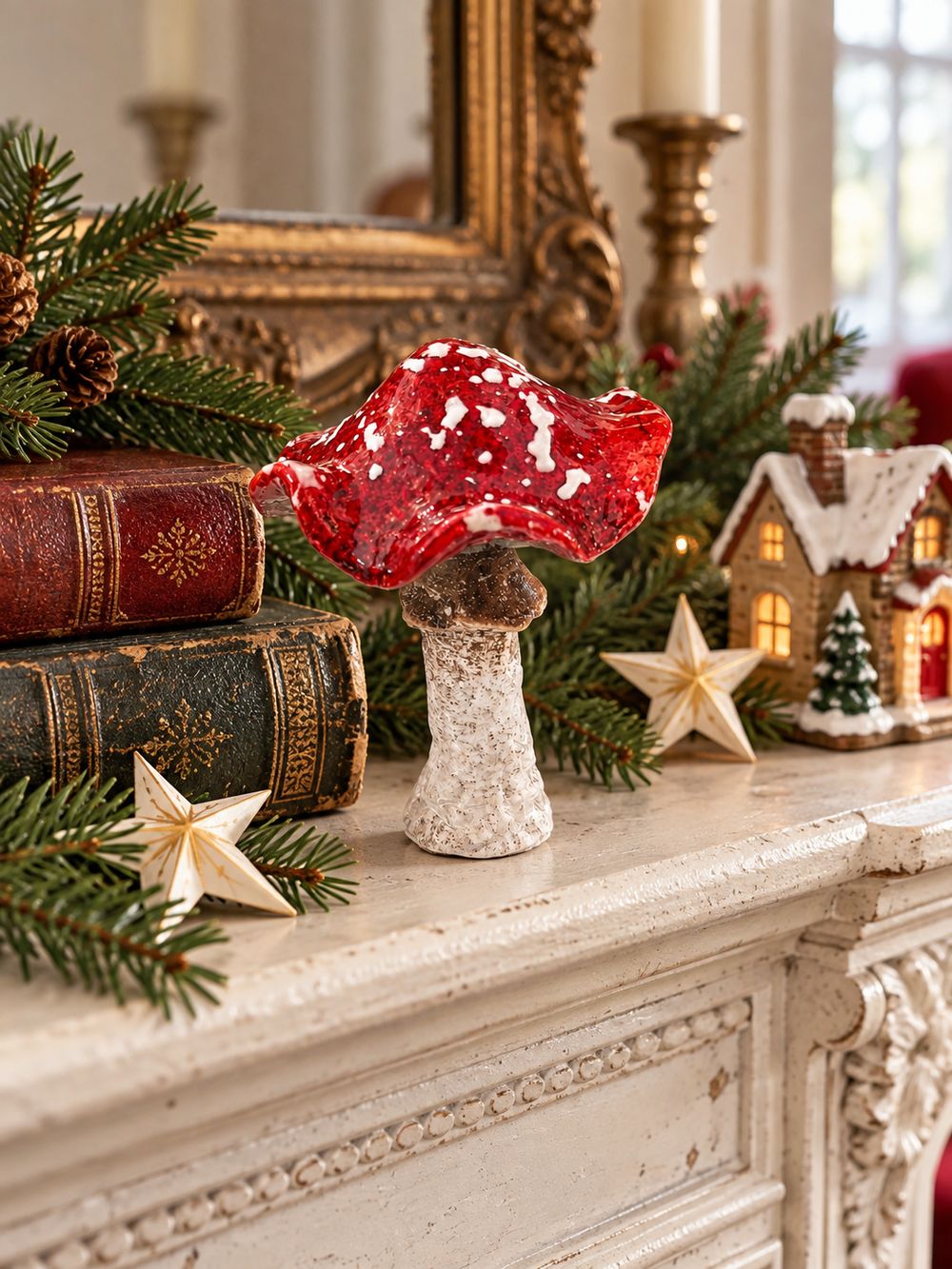 Champignon décoratif rouge et blanc dans une ambiance de Noël sur une cheminée