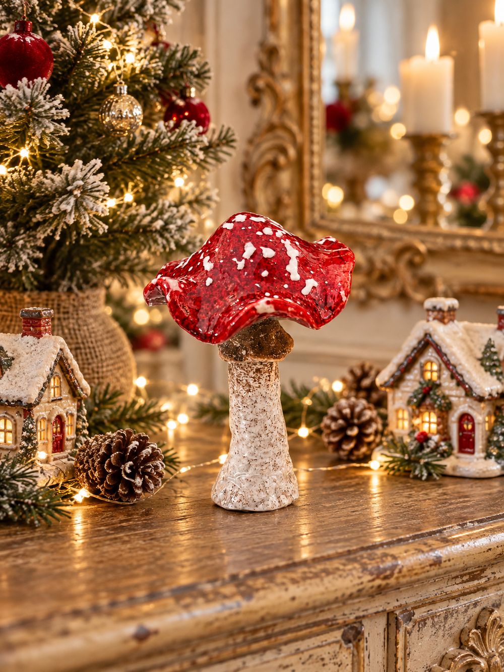 Champignon décoratif rouge et blanc dans une composition de Noël féérique sur une console