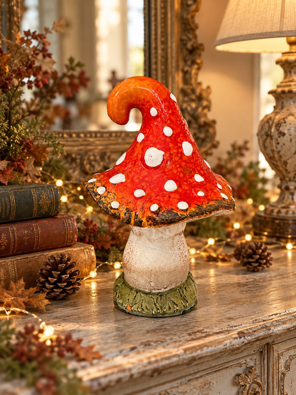 Champignon Alice décoratif en céramique orange rouge à pois blancs, pied beige et style féérique inspiré des contes