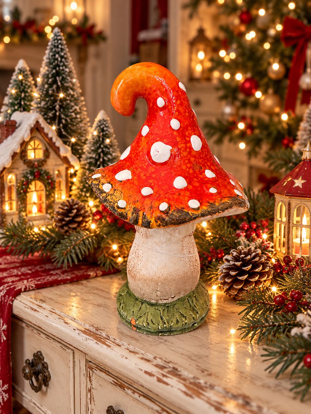 Champignon Alice décoratif en céramique orange rouge à pois blancs, pied beige et style féérique inspiré des contes