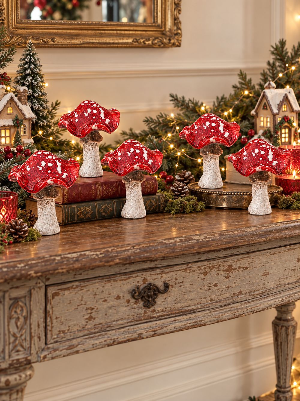 Plusieurs champignons décoratifs rouges et blancs dans une mise en scène de Noël poétique