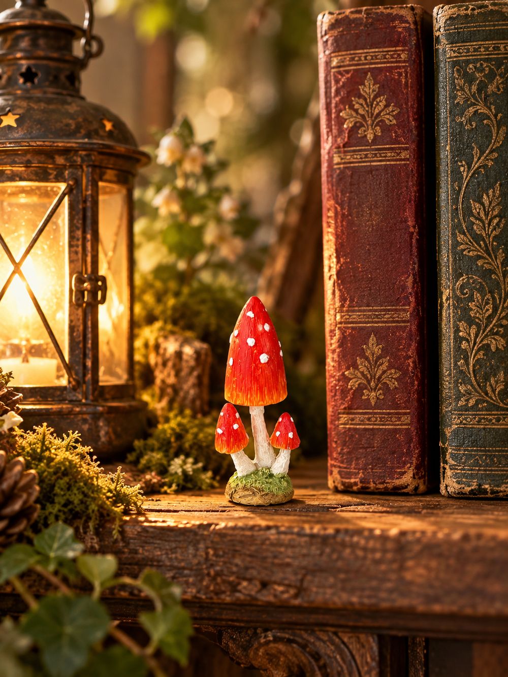 Petit champignon décoratif miniature rouge à pois blancs sur pied clair et base verte, pour décor féérique, village de Noël ou scène de sous-bois.