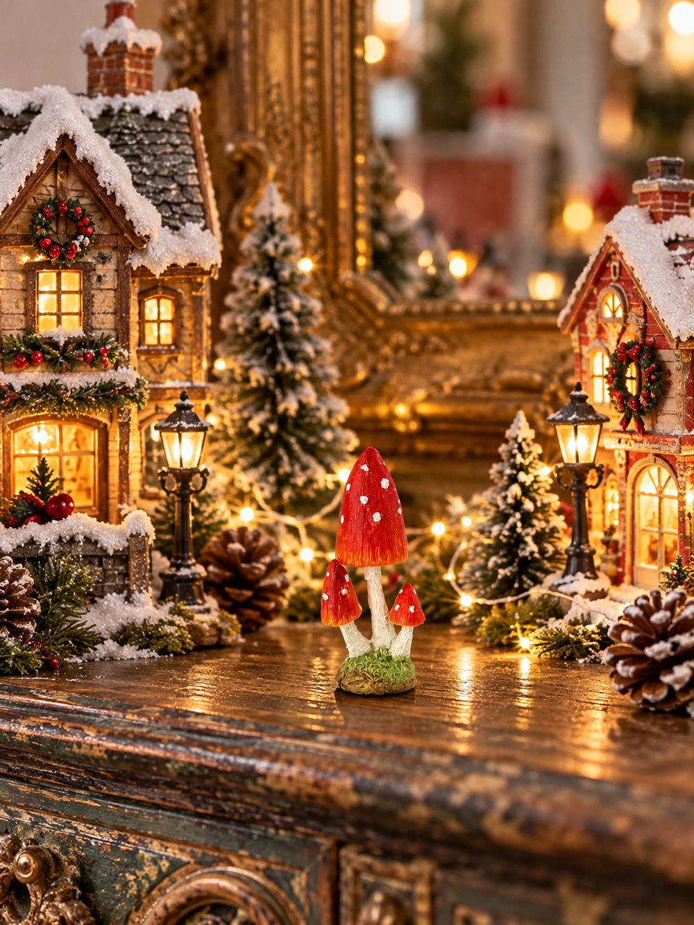 Petit champignon décoratif miniature rouge à pois blancs sur pied clair et base verte, pour décor féérique, village de Noël ou scène de sous-bois.
