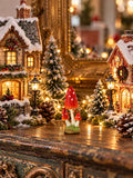 Petit champignon décoratif miniature rouge à pois blancs sur pied clair et base verte, pour décor féérique, village de Noël ou scène de sous-bois.