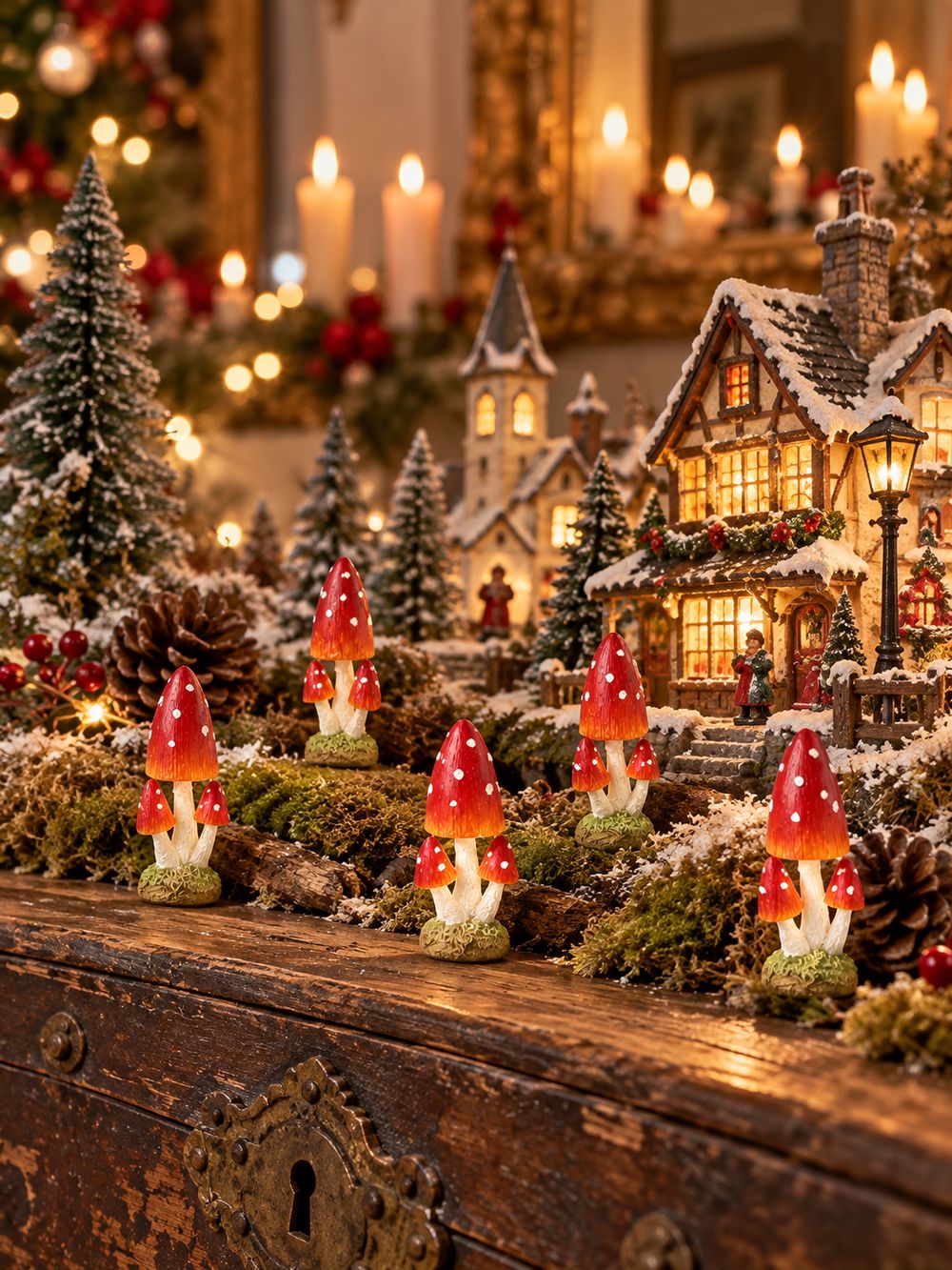 Petit champignon décoratif miniature rouge à pois blancs sur pied clair et base verte, pour décor féérique, village de Noël ou scène de sous-bois.