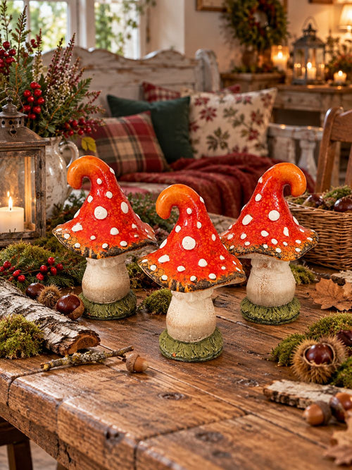 Champignon Alice décoratif en céramique orange rouge à pois blancs, pied beige et style féérique inspiré des contes