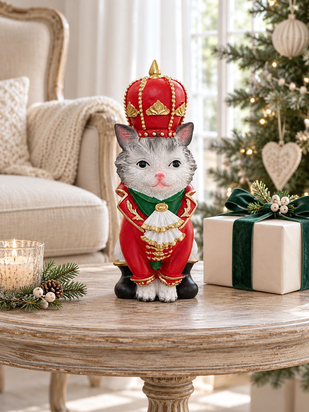 Chat couronné sur une table ancienne, près d’un cadeau, dans un salon décoré pour Noël.