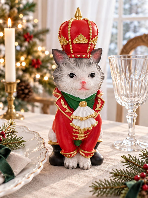 Figurine de chat couronné sur une table de Noël en lin, près d’un verre à pied.