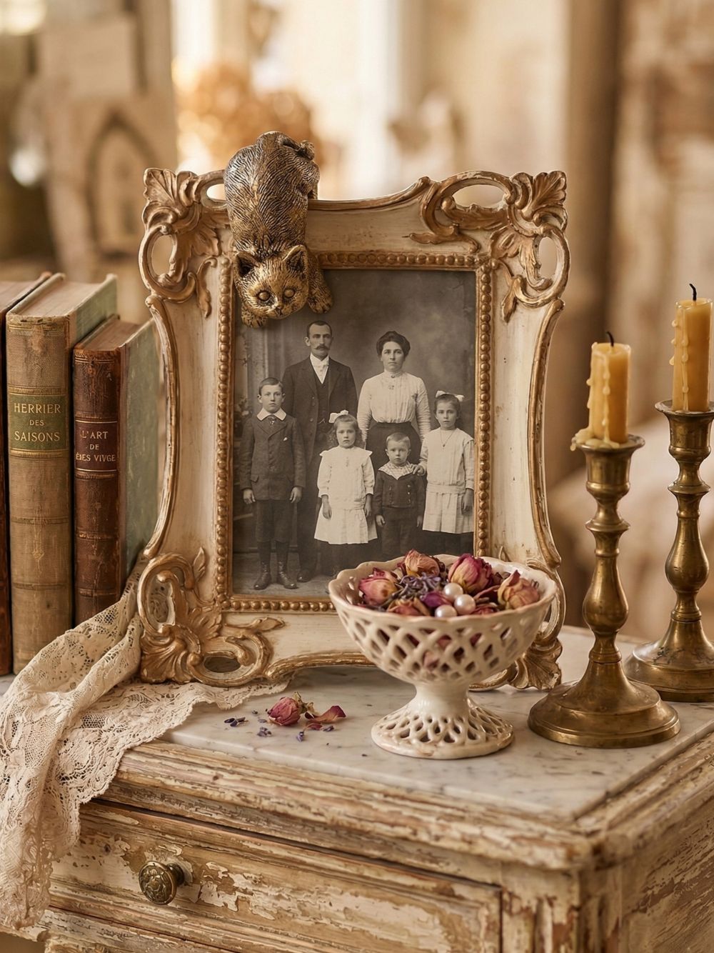 Chat grimpeur décoratif or vieilli accroché à un rebord dans une ambiance de décoration shabby chic romantique et poétique