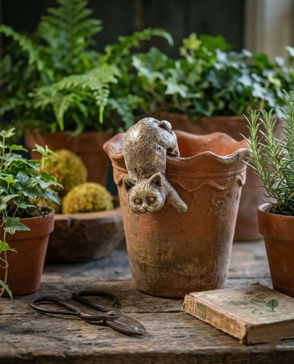 Chat grimpeur décoratif or vieilli accroché à un rebord dans une ambiance de décoration shabby chic romantique et poétique