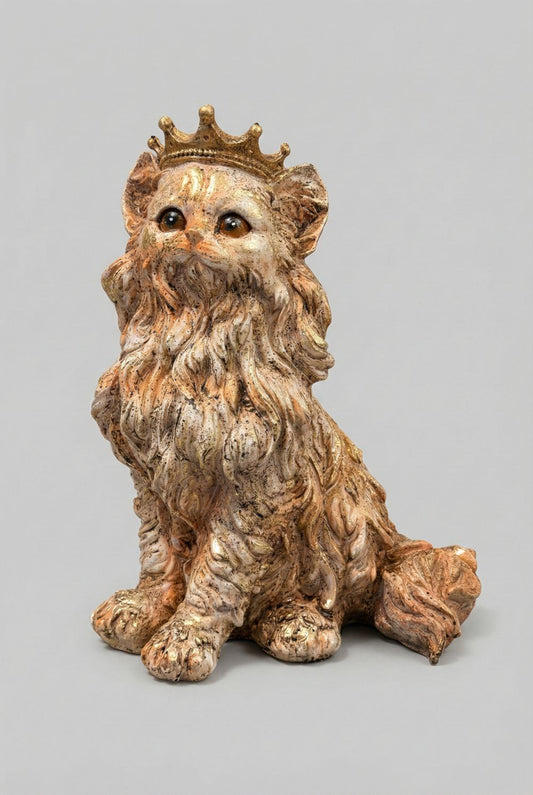 Figurine chat persan décoratif couronné beige ivoire et doré, style shabby chic romantique, décoration de charme poétique et féérique