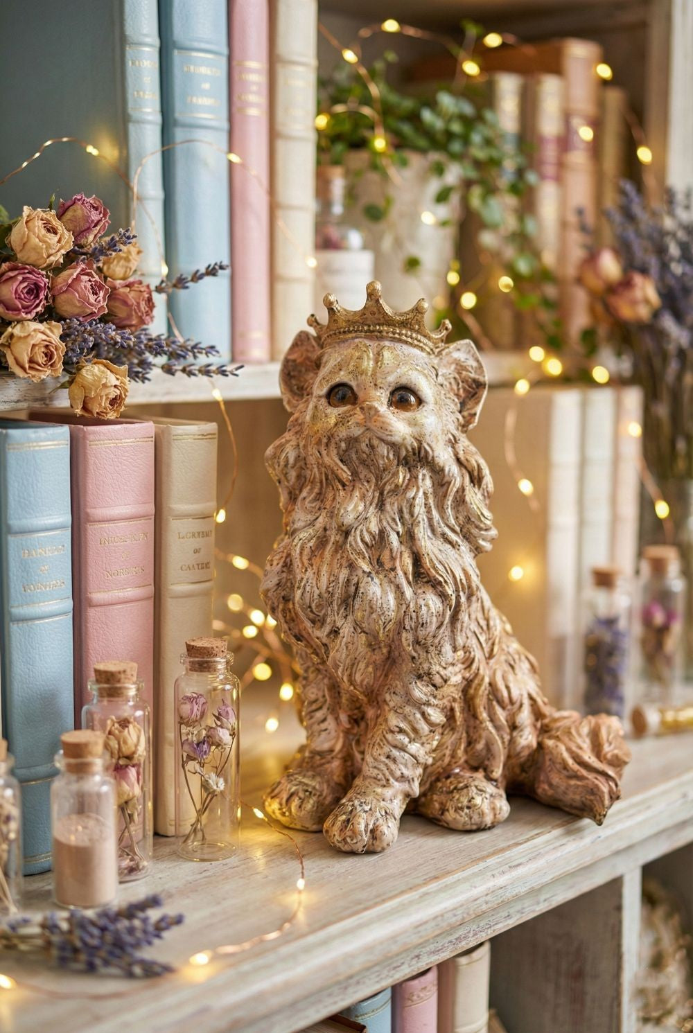 Figurine chat persan décoratif couronné beige ivoire et doré, style shabby chic romantique, décoration de charme poétique et féérique