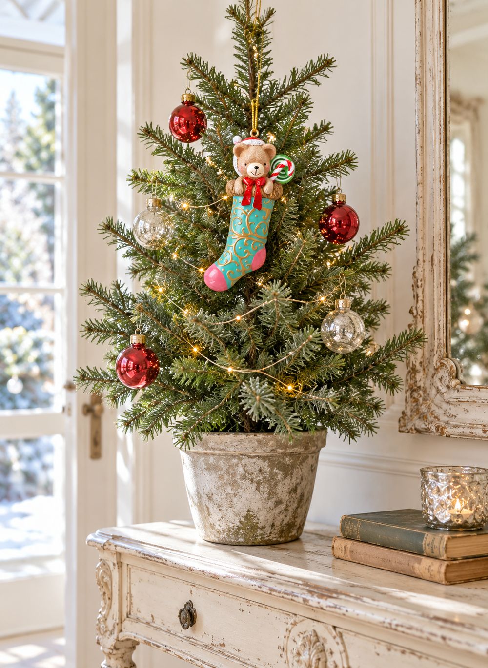Chaussette de Noël à l’ourson dans un décor de Noël avec sapin et console