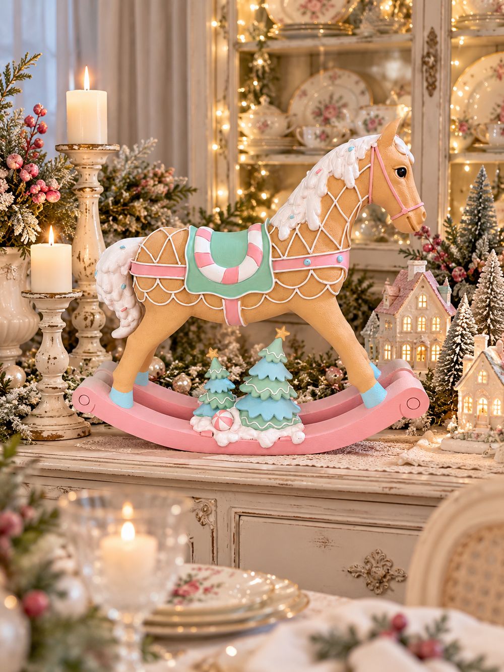 Grand cheval à bascule décoratif aux tons rose pastel, vert menthe, blanc et caramel, dans un style féérique et gourmand pour une décoration de Noël poétique.