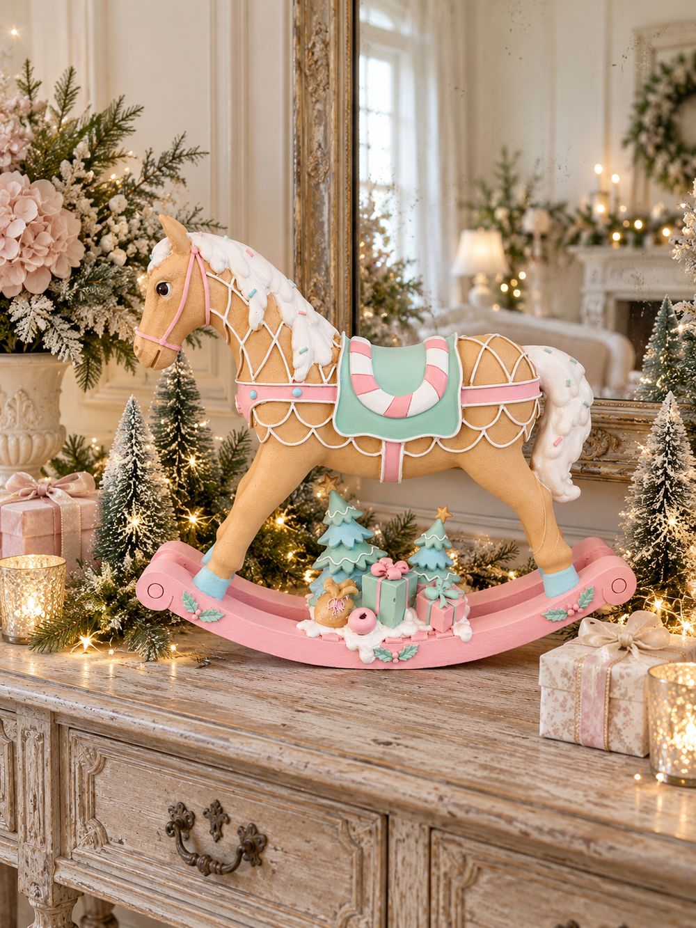 Grand cheval à bascule décoratif aux tons rose pastel, vert menthe, blanc et caramel, dans un style féérique et gourmand pour une décoration de Noël poétique.