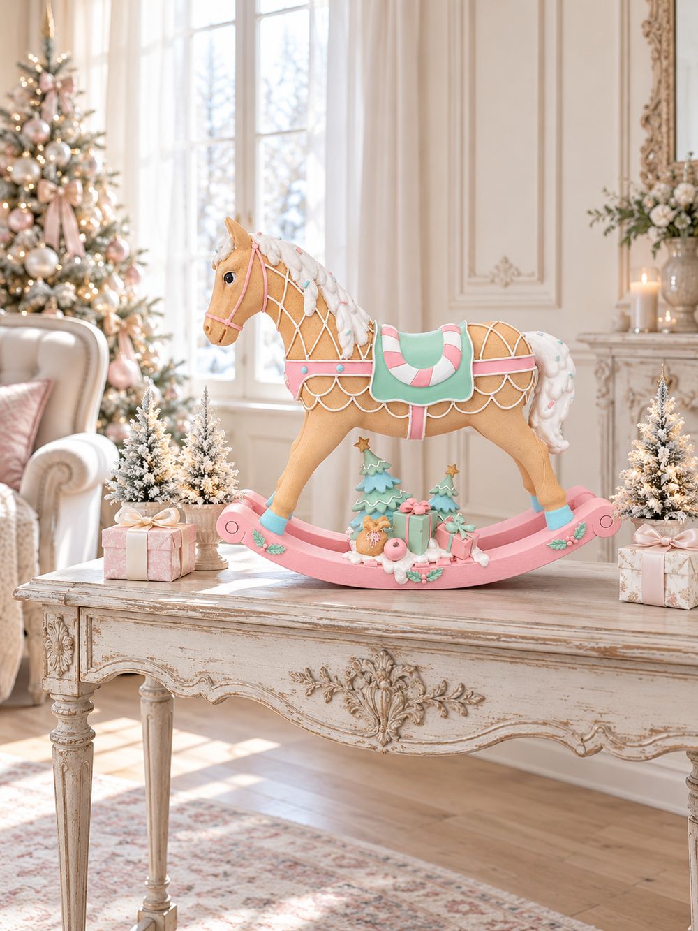 Grand cheval à bascule décoratif aux tons rose pastel, vert menthe, blanc et caramel, dans un style féérique et gourmand pour une décoration de Noël poétique.