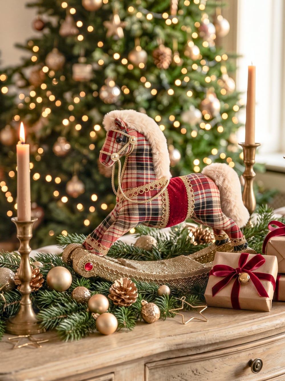 Cheval à bascule décoratif en tartan rouge et beige avec détails dorés, décoration de Noël traditionnelle au charme vintage