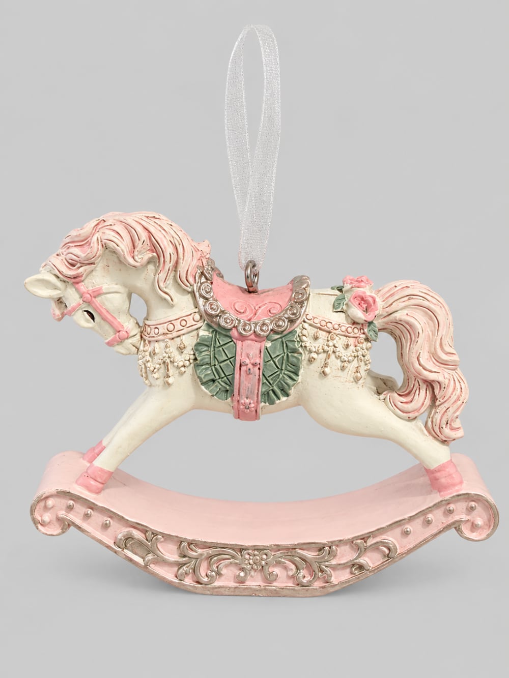Petit cheval à bascule de Noël à suspendre dans les tons rose poudré, crème et vert tendre, décoration shabby chic romantique et poétique