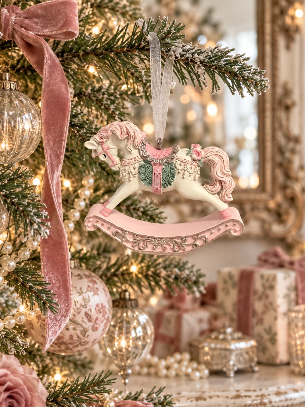 Petit cheval à bascule de Noël à suspendre dans les tons rose poudré, crème et vert tendre, décoration shabby chic romantique et poétique