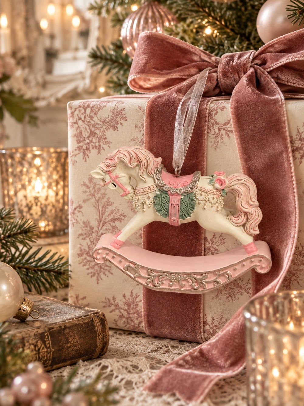 Petit cheval à bascule de Noël à suspendre dans les tons rose poudré, crème et vert tendre, décoration shabby chic romantique et poétique