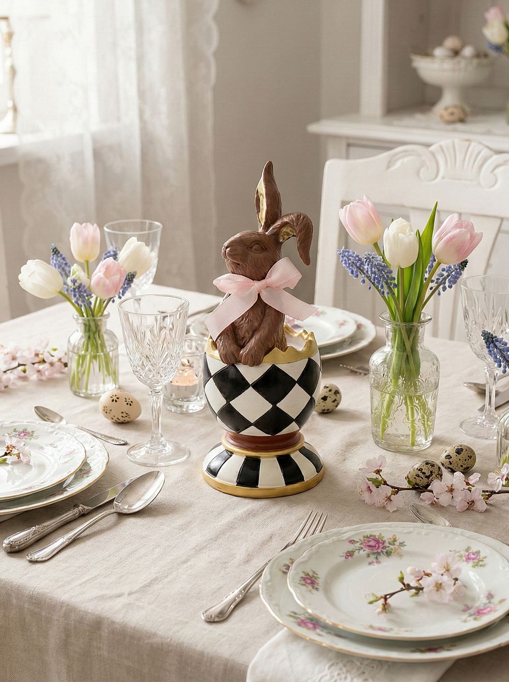 Figurine Choco-Lapin Royal pour décoration de Pâques, tons chocolat et beige, style shabby chic romantique, ambiance poétique et printanière