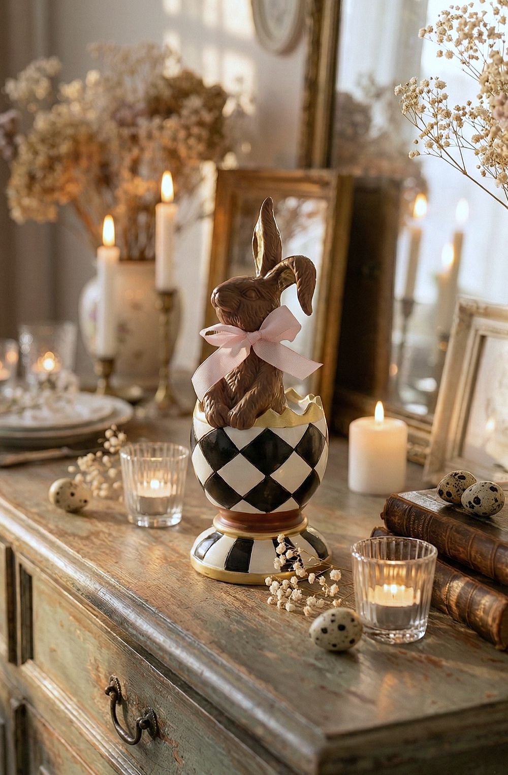 Figurine Choco-Lapin Royal pour décoration de Pâques, tons chocolat et beige, style shabby chic romantique, ambiance poétique et printanière