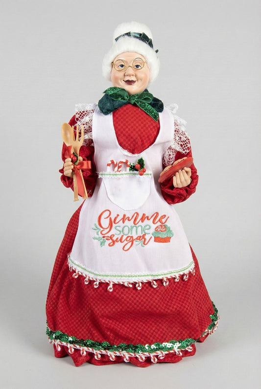 Cimier de sapin Mère Noël de 45 cm, vêtue de rouge avec un tablier blanc brodé, style pâtissier et shabby chic, parfait pour une ambiance de Noël chaleureuse et féérique