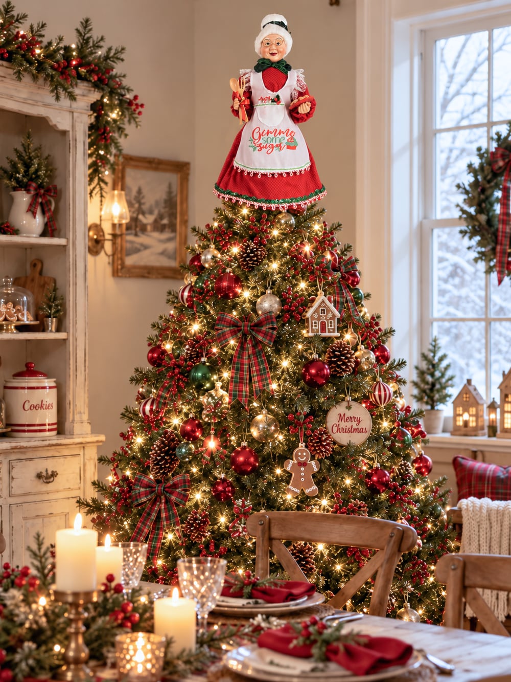 Cimier de sapin Mère Noël de 45 cm, vêtue de rouge avec un tablier blanc brodé, style pâtissier et shabby chic, parfait pour une ambiance de Noël chaleureuse et féérique